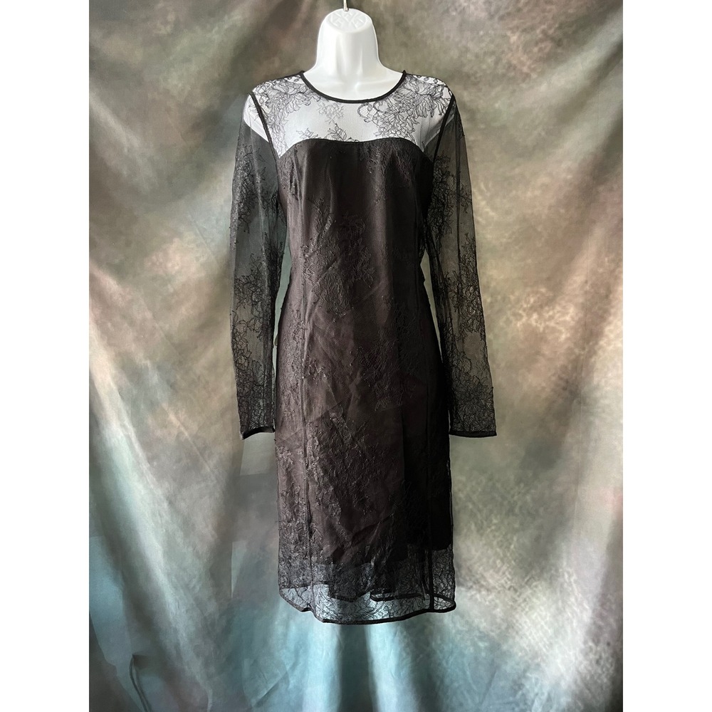 Donna Karan New York Black Lace Overlay Long Sleeve Midi Dress Size Large - Picture 1 of 9
